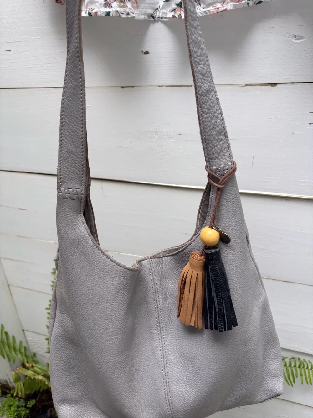 The Sak Huntley Hobo Light Grey Leather Bag with Tassel Accent